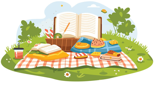 Picnic with Book flat vector isolated on white background
