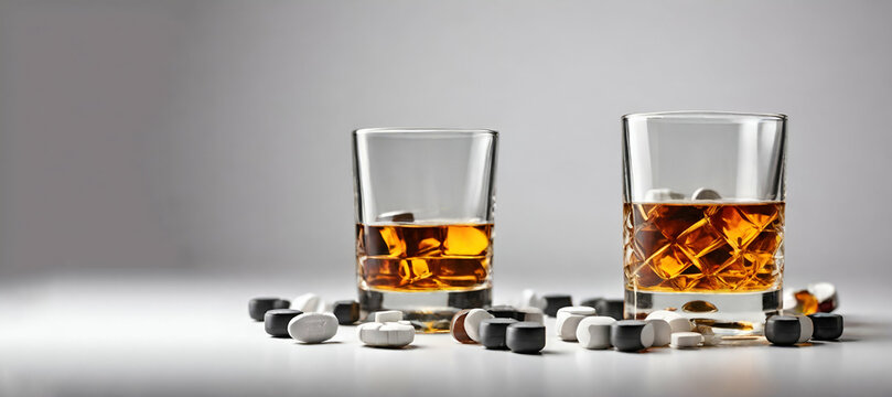 Whiskey with ice with a glass. Cubes of ice on a wooden table and a glass with chilled strong alcoho generative by ai..