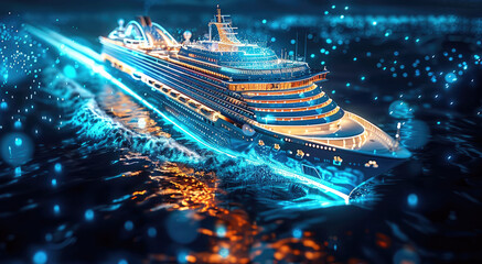 Futuristic cruise ship with holographic projection technology, floating in sea waves, surrounded by...