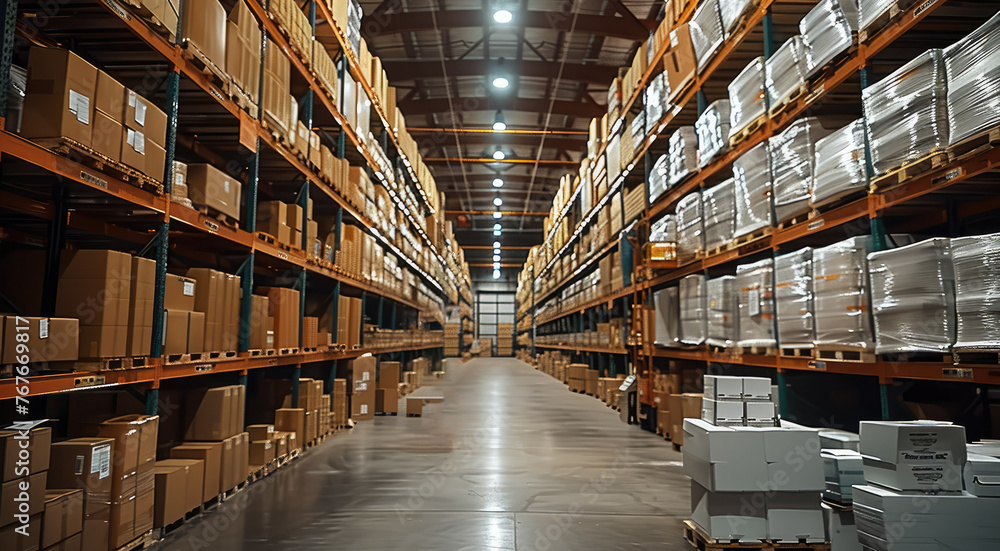Aufkleber company with inventory control, a bustling warehouse packed to the brim with countless boxes and ass