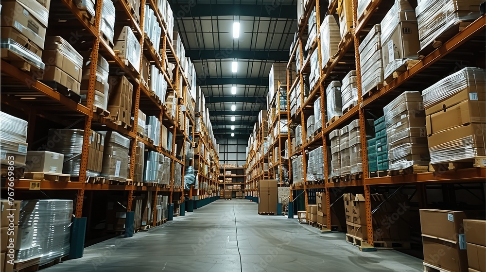 Aufkleber company with inventory control, a bustling warehouse packed to the brim with countless boxes and ass