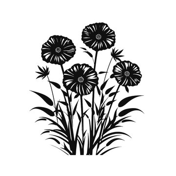 black and white drawing of flowers on a white background