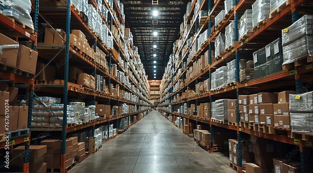 Aufkleber Company with inventory control, A bustling warehouse packed to the brim with countless boxes and assorted inventory items. Generative AI.