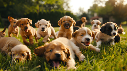 A bunch of puppies playing on a grass field - obrazy, fototapety, plakaty