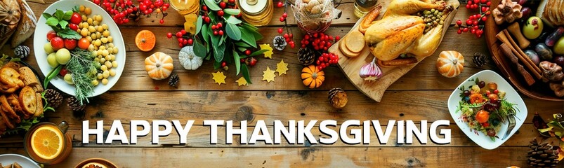 Happy Thanksgiving Banner Design With Decorated Food Turkey And Other Healthy Food On A wooden Table. Thanksgiving Greetings Card