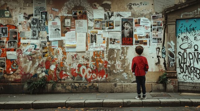 The boy stood looking at a dirty wall covered in posters and graffiti, AI generated Image