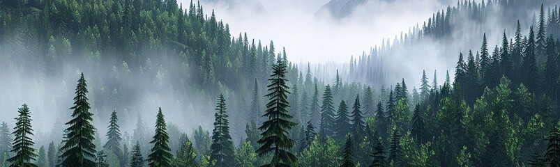 coniferous forest with mist on mountains banner design - obrazy, fototapety, plakaty