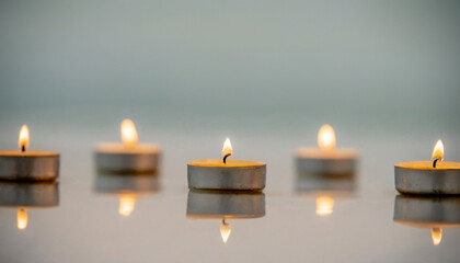 Closeup of tealight candles on water - obrazy, fototapety, plakaty