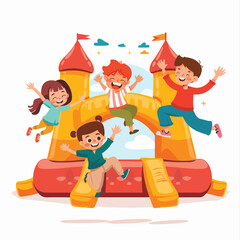Happy carefree kids playing jumping in bouncy castle