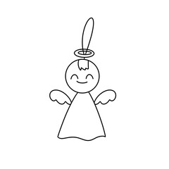 A white angel with a smile on its face. The angel is holding a string and is wearing a crown