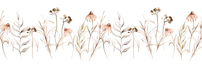 seamless border with watercolor botanical autumn illustration echinacea branches flowers. Autumn floral illustration. Fall vibes. Hand painted drawing isolated background. floral herds pastel color - obrazy, fototapety, plakaty