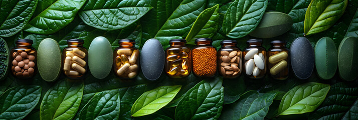  Assorted natural herbal and vitamin supplements,
Alternative Folk Medicine Multicolored Capsules Concept