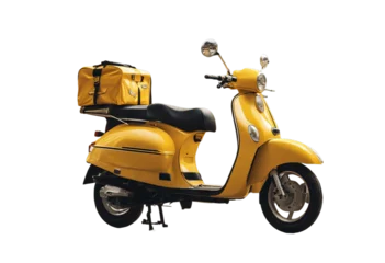 Selbstklebende Fototapeten express scooter service bike delivery motor background yellow bag courier moped motorcycle food transportation motorbike deliver fast box ride vehicle © akk png