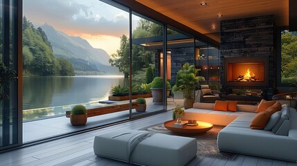 The cozy balcony with fireplace is modern with lake view, bright. Generative AI. - obrazy, fototapety, plakaty
