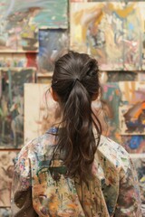 Artist Contemplating Her Abstract Canvas in a Paint-Splattered Studio