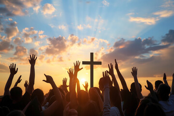 crowd of worshippers with hands raised to praise to a giant cross backlit by sunrise - obrazy, fototapety, plakaty