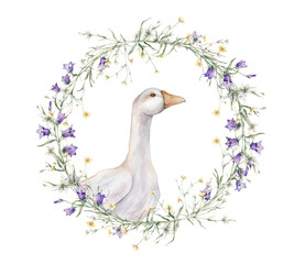 Wreath of yellow buttercup and little flower and violet bluebell. Domestic watercolor goose. Watercolor hand painting illustration on isolate. Circlet of meadow flowers. Botanical summer wildflowers.