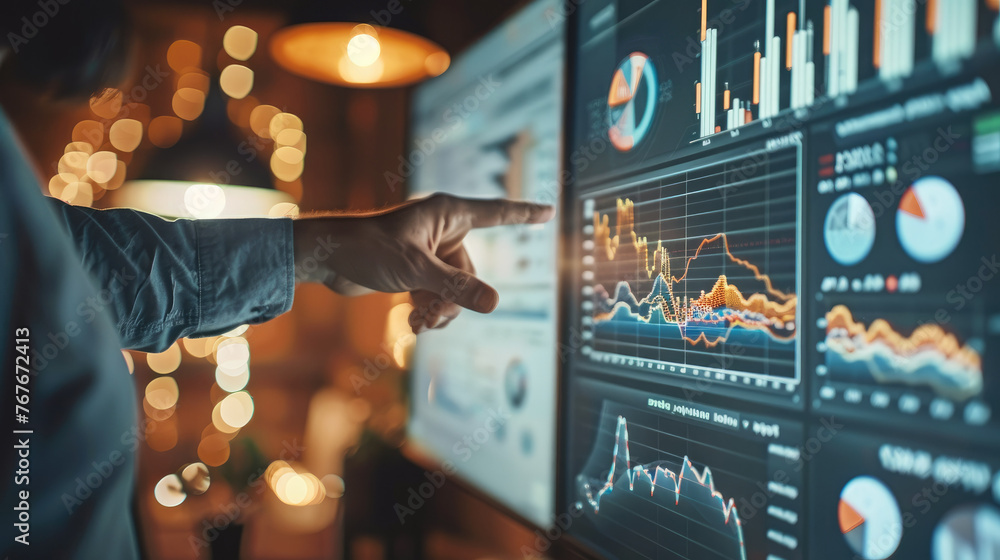 Poster close-up hand of businessman pointing to cryptocurrency chart on the chart at modern office. generat