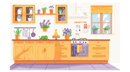 Quaint Kitchen with Purple Flowers flat vector isolated