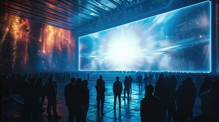 Big futuristic video screen with a crowd watching it. Generative AI.