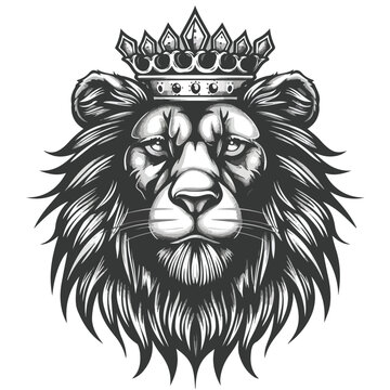 Head of lion king with crown front monochrome vector