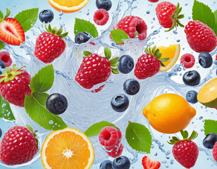 Mix berries fruit liquid splashing of Tropical fruits isolated on transparent background colorful background