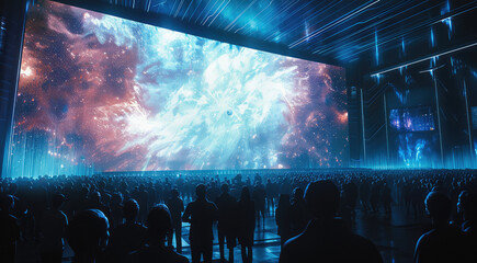 Big futuristic video screen with a crowd watching it. Generative AI. - obrazy, fototapety, plakaty