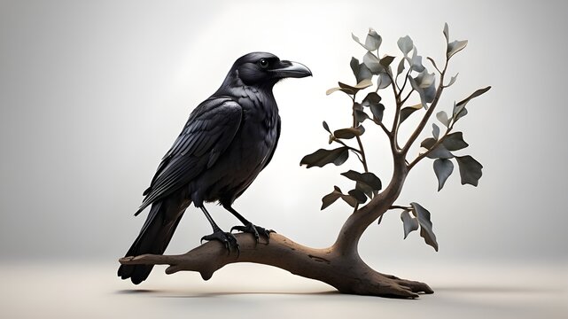 A png file of a solitary cutout object on a translucent background depicts a raven perched on a branch.