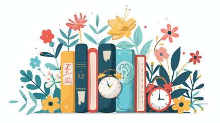 Reading Time Books with Clock and Flowers flat vector