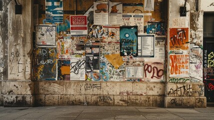 Dirty walls full of posters and graffiti, AI generated Image