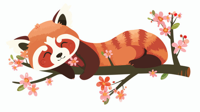 Red Panda with Flowers flat vector isolated on white