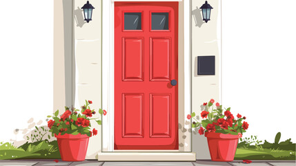 Fototapeta na wymiar Red Wooden Front Door with Flowers flat vector isolated