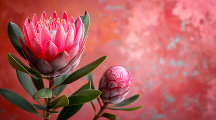 Beautiful protea flower on a red background. Copy space.