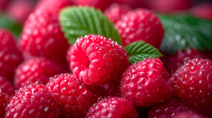 Ripe raspberries with green leaves close-up macro photography