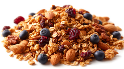 Granola with berries and nuts on white background, closeup