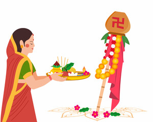 indian women with puja plate in traditional saree in front of gudi celebrating gudi padwa maharashtrian festival vector illustration