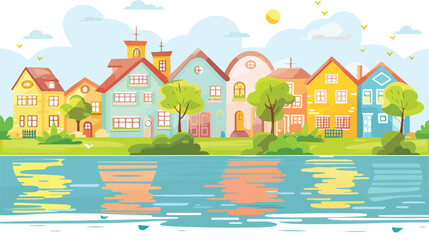 Riverside Town Scenery flat vector isolated on white