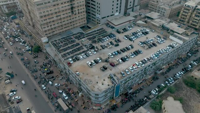 A drone glides over Gul Plaza Market in Karachi, offering a bird's-eye view of the bustling bazaar