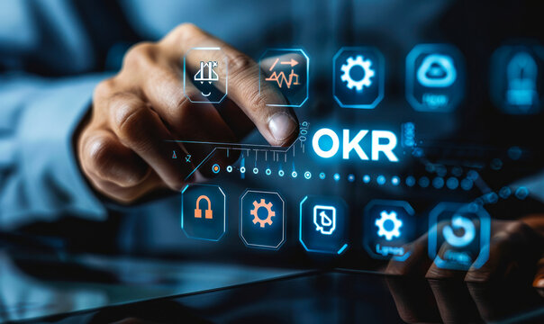 Business strategy concept showing OKR (Objectives and Key Results) methodology, person interacting on futuristic virtual interface, goal setting and performance tracking for organizational success