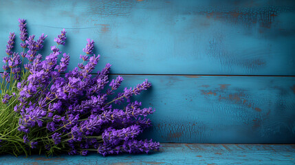 Bouquet of lavender flowers on a blue wooden background.