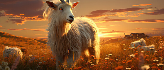 a goat standing in a field of flowers at sunset - obrazy, fototapety, plakaty