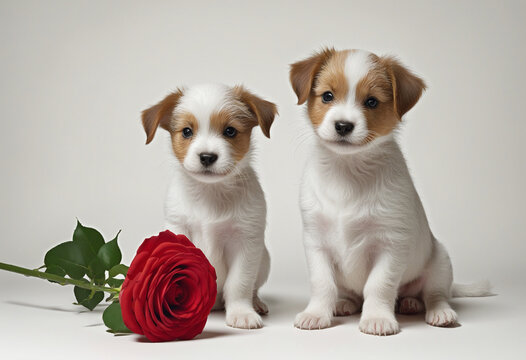 puppy bringing red rose to owner vintage illustration isolated on a transparent background,   colorful background