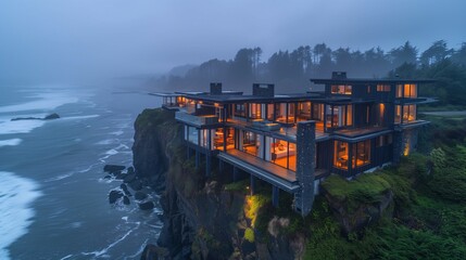 Cliffside Luxury House Overlooking the Ocean at Dusk