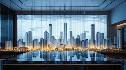 In front of a large LED electronic screen, there are many glass curtain wall skyscraper building complex models placed on a dark marble table. Generative AI.