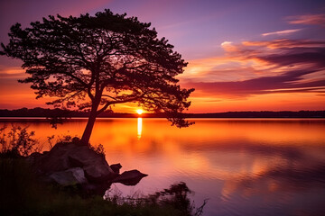 Stunning Sunset Over Peaceful Lake: A Mesmerizing Display of Natural Beauty in Compact 6x8 cm Dimensions - obrazy, fototapety, plakaty