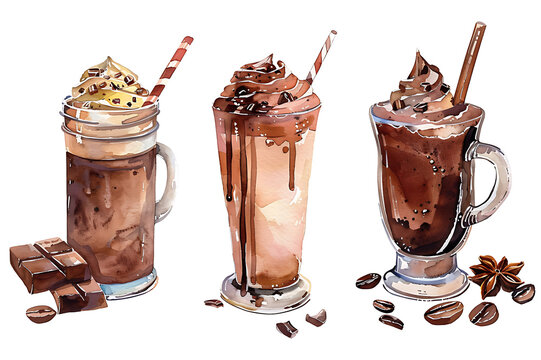 Watercolor painting realistic Set Cocoa drinks on white background. Clipping path included.