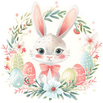 Cute kawaii Easter bunny with a pink ribbon around its head