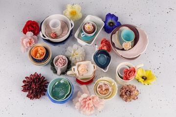 top view beautiful Tableware Composition with Floral Accents