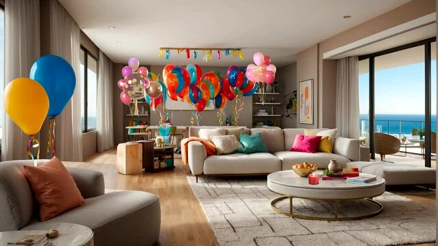 A beautiful view of a living room that is having a birthday event Seamless looping 4k time-lapse animation video background
