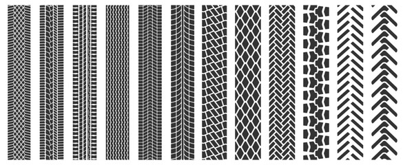 Tire tracks. Vector set of tire tread print isolated on white background. Footprint of road car tires and all-terrain trucks. Top view of rubber protector marks. Collection of seamless vector brushes. - 767676863